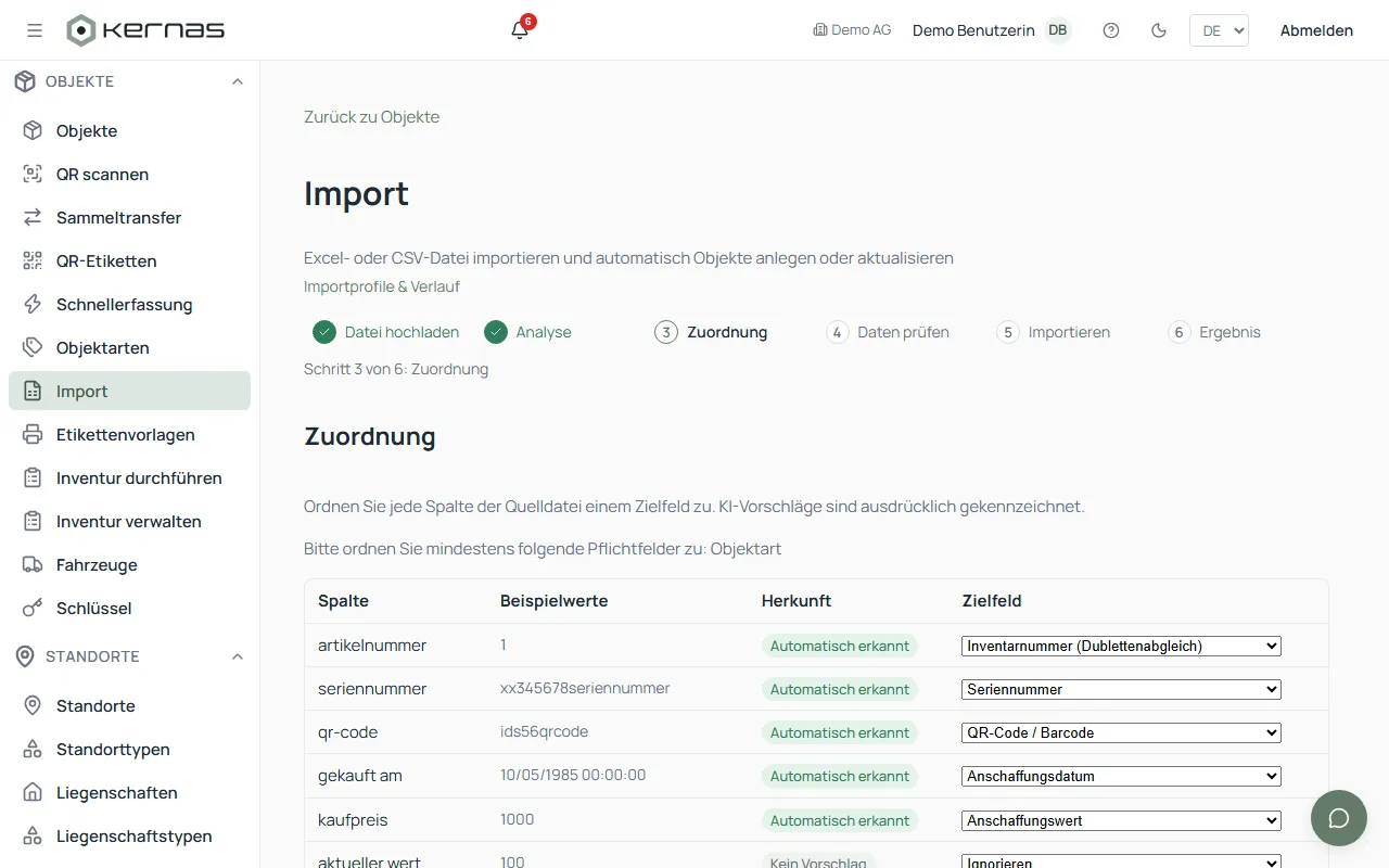 KI-gestützte Spaltenzuordnung beim Import einer bestehenden Inventarliste in Kernas