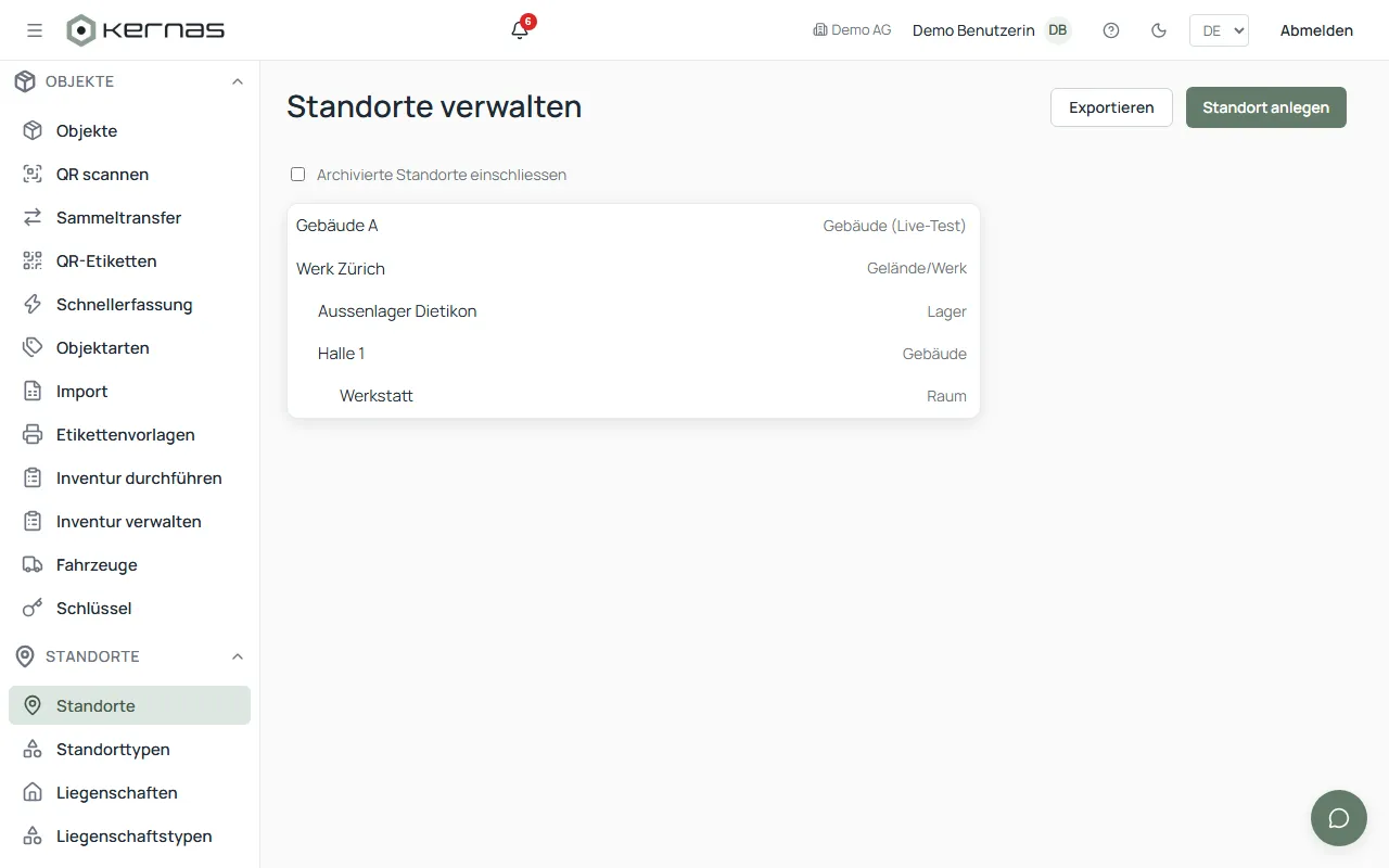 Standortliste in Kernas mit Standortname und zugeordnetem Standorttyp