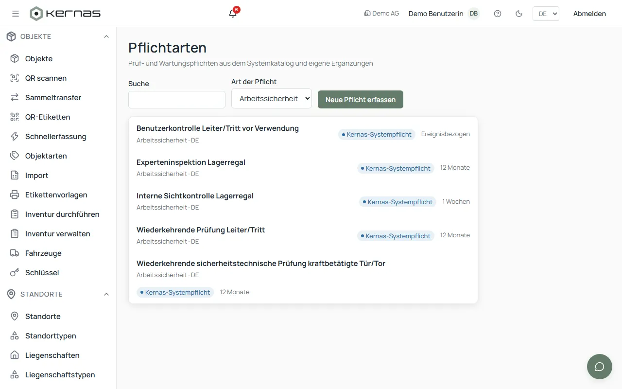Katalog der Pflichtarten in Kernas mit Rechtsgrundlage und Prüf- oder Wartungsintervall