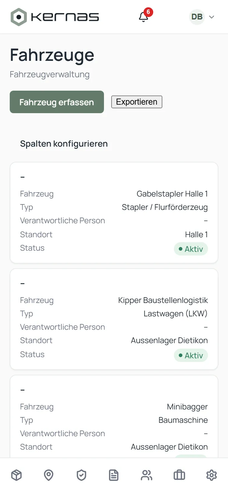 Kernas vehicle list in the mobile view with its own navigation for use on a smartphone