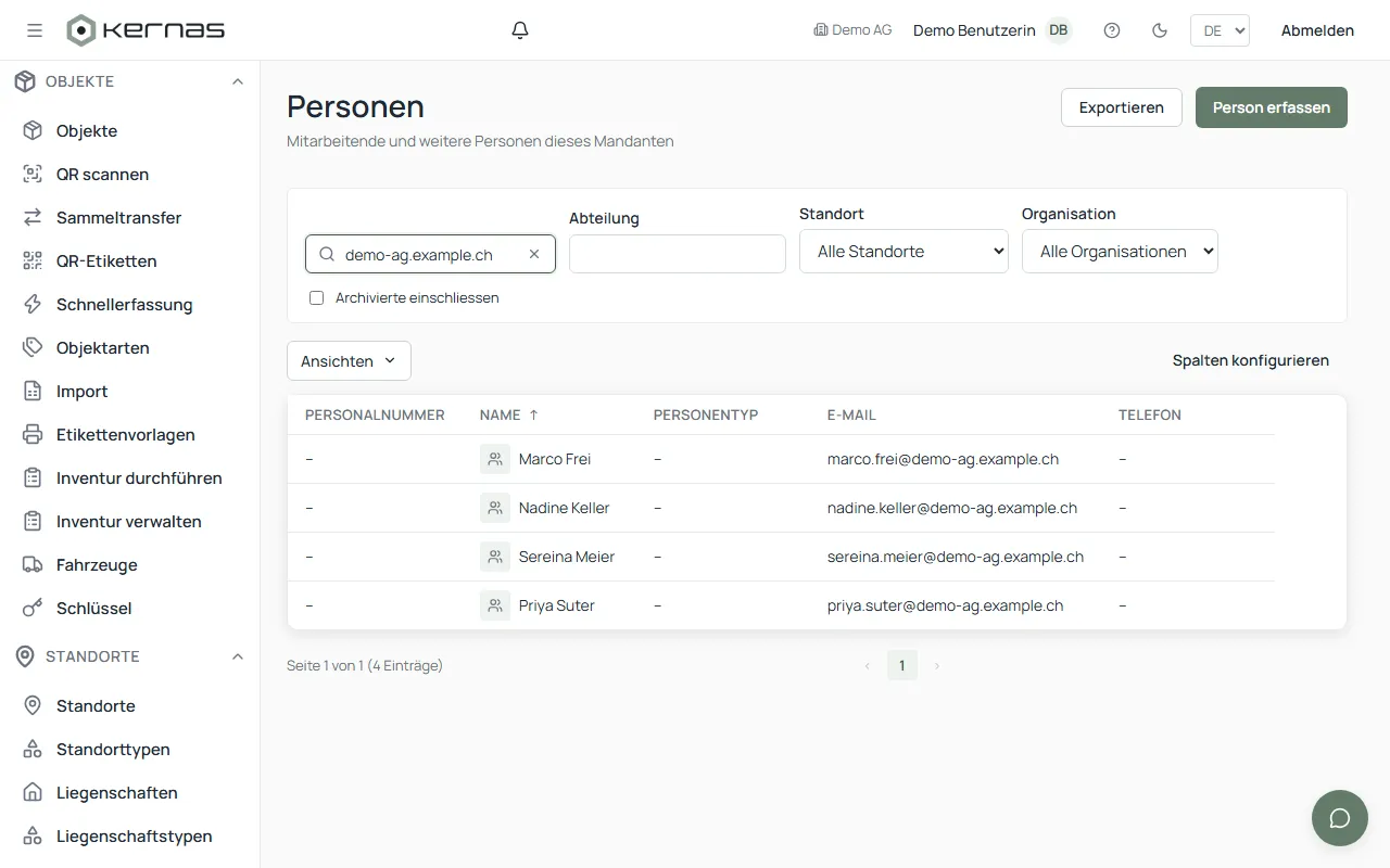 People list in Kernas with personnel number, name, person type, email and phone